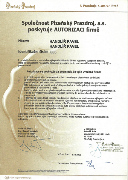 Certifikát Plzeňský Prazdroj